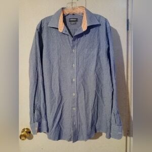 GIORGIO Button Up‎ Shirt. Sz. Large Blue Check w Contrast Collar and Cuffs.